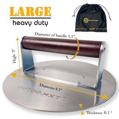 Stainless Steel 8.5" Smash Burger Press, Heavy Duty 2.5lb Burger Smasher with Wooden Handle and Velvet Fabric Storage Bag for Griddle,Grill Press for Hamburger, Bacon,Barbecue Grilling Tool - size: Stainless Steel 8.5-Inch Round