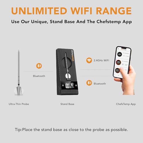 ChefsTemp ProTemp 2 Plus Needle Probe Wireless Meat Thermometer with Temperature Controller Unlimited Range Bluetooth & WiFi Enabled Smart Cooking Smoker Grilling BBQ Oven Kitchen (Stand + 1 Probe)