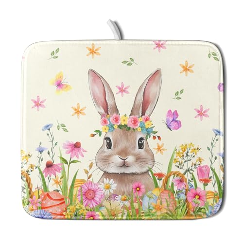 Easter Dish Drying Mat for Kitchen Counter Spring Easter Holiday Dish Drying Mat 16X18 Inch Reversible Absorbent Dish Pad Spring Wildflowers Dishes Drainer Pad Dish Drying Rack Mat for Countertop - color: Spring Easter Holiday Egg Bunny, size: 16" x 18"