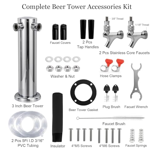 MRbrew Kegerator Tower Beer Tap Tower Dispenser Dual Faucet Beer Tower Draft Beer Dispenser Stainless Steel Keg Tap Tower 3'' Keg Tower Pre-assembled Line Beer Faucet Dispenser Kit For Home, Bar,Party - size: Dual Tap Kegerator Tower