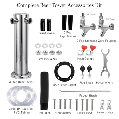 MRbrew Kegerator Tower Beer Tap Tower Dispenser Dual Faucet Beer Tower Draft Beer Dispenser Stainless Steel Keg Tap Tower 3'' Keg Tower Pre-assembled Line Beer Faucet Dispenser Kit For Home, Bar,Party - size: Dual Tap Kegerator Tower