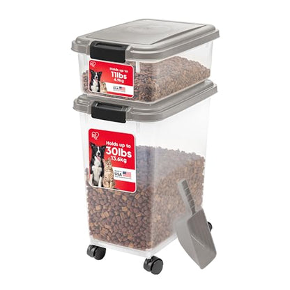 IRIS USA 30 lbs & 11 lbs Combo Airtight Dog Food Storage Container, Stackable Treat Box, 2-Cup Scoop, Wheels, Keep Fresh, Easy Mobility, Chrome - color: Chrome
