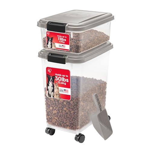 IRIS USA 30 lbs & 11 lbs Combo Airtight Dog Food Storage Container, Stackable Treat Box, 2-Cup Scoop, Wheels, Keep Fresh, Easy Mobility, Chrome - color: Chrome