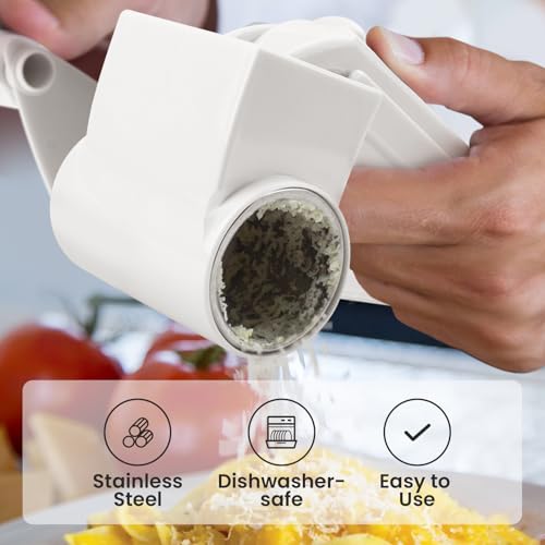 Cheese Grater with Handle, Rotary Cheese Grater,Vegetable, Chocolate, Hard Cheese & Nut Grater,White - color: White