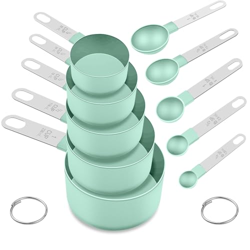 Measuring Cups and Spoons Set, 10 Pieces Nesting Measure Cups and Spoons, Kitchen Essentials Gadgets with Stainless Steel Handle for Dry & Liquid Ingredient (Lake Green 10 Pcs) - color: Lake Green 10 Pcs