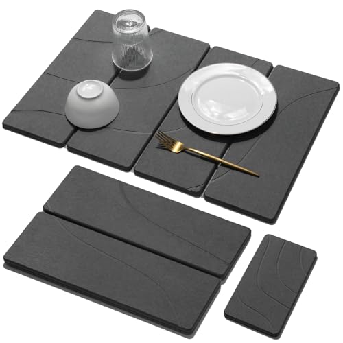Large Stone Dish Drying Mat for Kitchen Counter, 2 PCS Quick Dry Stone Mats, Foldable Water Absorbing Diatomaceous Earth Drying Dishes Pad for Countertop Bottle Utensil Cup(Carved Gray 24"x16"&8"x4") - color: Carved Gray, size: 24" x 16"