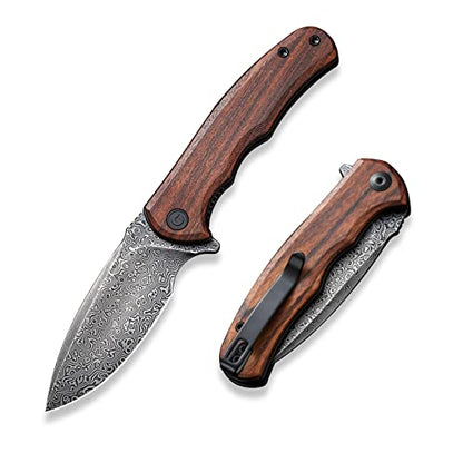 CIVIVI Folding Pocket Knife for EDC, Small Mini Praxis Knife for Men Women, 2.98" Damascus Blade Guibourtia Wood Handle, Sharp Camping Hiking Knives C18026C-DS1 - color: Brown