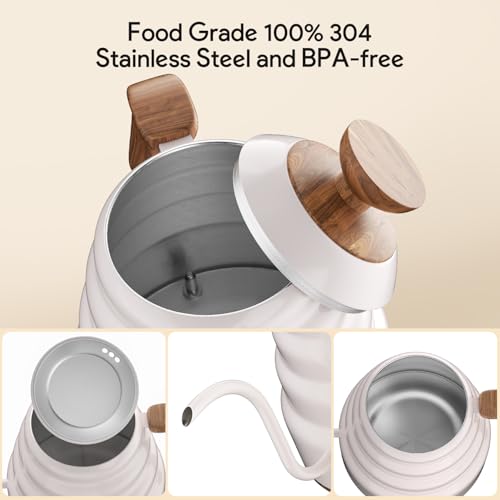 Electric Gooseneck Kettle, 30oz/0.9L Intelligent Temperature Control, Quick Heating, 304 Stainless Steel for Pour Over Coffee, Brew Tea, Boil Hot Water, 1000W （White） - color: White