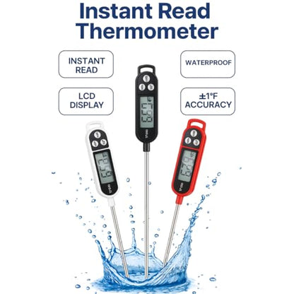 Digital Food Thermometer Combo Pack of 3 | Black+White+Red | Instant Read Meat Probe for Cooking, BBQ, Grill, Oven, Air Fryer | Waterproof Kitchen Thermometer with Long Stainless Steel Probe - color: Malti Color 3in1 combo pack (Red+Black+White)