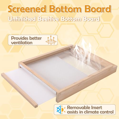 2-Pack Screened Bottom Board for 10-Frame Langstroth Beehive - Unfinished Solid Wood Beekeeping Base with Removable Tray & Entrance Reducer - Includes 1 Pair Protective Gloves