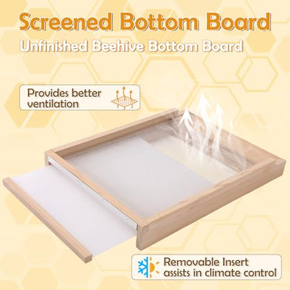 2-Pack Screened Bottom Board for 10-Frame Langstroth Beehive - Unfinished Solid Wood Beekeeping Base with Removable Tray & Entrance Reducer - Includes 1 Pair Protective Gloves