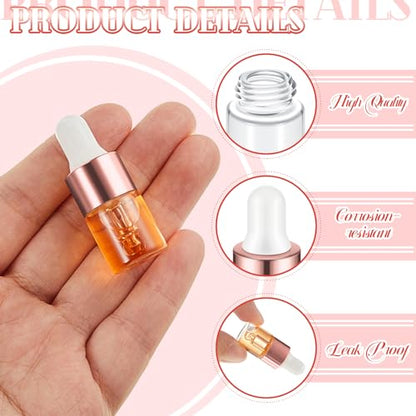 Didaey 200 Pcs 1/2/3/5/10/15 ml Mini Glass Oil Dropper Bottle Bulk, Clear Essential Small Empty Bottles Sample Containers Perfume Liquid Vials with Cap for Traveling (2 ml,Rose Gold) - color: Rose Gold, size: 2 ml