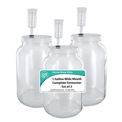 Home Brew Ohio One Gallon Glass Complete Wide Mouth Fermenter Set of 3