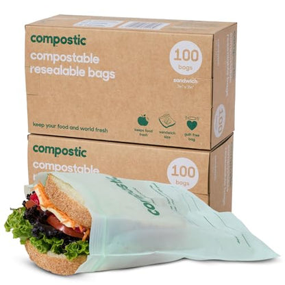 Compostic Compostable XL Sandwich Bags (180 + 20 Count) Bulk Pack — Resealable Zip-Seal, Plant-Based, Home Compostable, Freezer & Microwave Safe, BPA-Free, Non-Toxic, GMO-Free Food Storage Bag - size: 180 Count, style: Sandwich