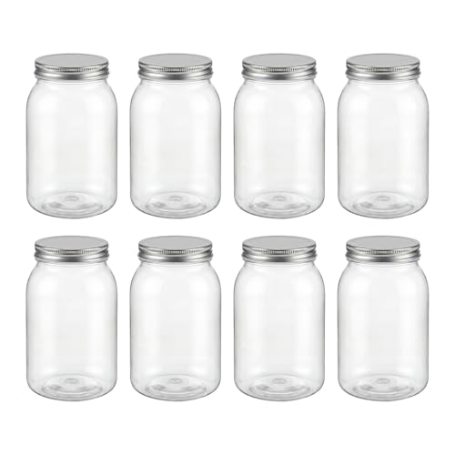 novelinks 32 oz Clear Plastic Jars with Lids and Plastic Mason Jars 32 oz | 8 Pack, Silver, Plastic Quart Containers with Lids, Quart Mason Jars Bulk, Large Jars, Mason Jars for Centerpieces - color: Silver 8Pack