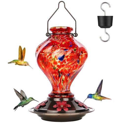 Hummingbird Feeder, BOLITE Glass Hummingbird Feeders for Outdoors Hanging, Hand Blown Twisted with Ant Moat, 5 Bee-Proof Ports, 360° Perch, Leak-Proof, 24oz, Red, Gifts for Mom Dad Women Men - color: Rising Red
