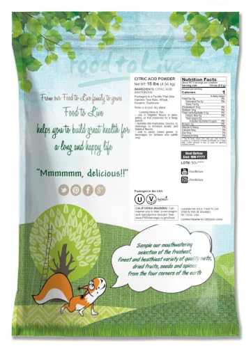 Food to Live Citric Acid Powder, 10 Pounds - Anhydrous, Fine Granules, Food Grade Lemon Salt, Great for Cheese Making, Household Cleaner and Preservative, Good for Bath Bombs, Kosher - size: 10 Pound (Pack of 1)