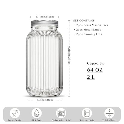 INSETLAN 64 oz Wide Mouth Glass Mason Jars, Set of 2, Ribbed Canning Jars for Sourdough Starter, Pickling, Fermentation, Sun Tea & Pantry Storage, Refrigerator Safe