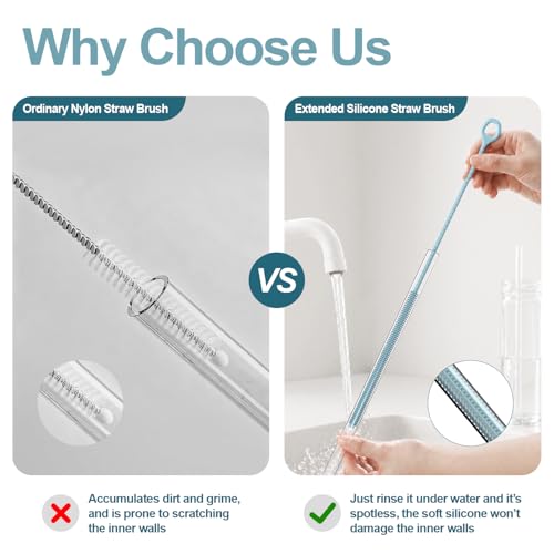 YOTIME Straw Cleaner Brush Extra Long 12.6 inch, 2Pcs Reusable Silicone Straw Brush for Sippy Cup, Water Bottle and Tubes, 6mm+9mm, Blue - color: Blue