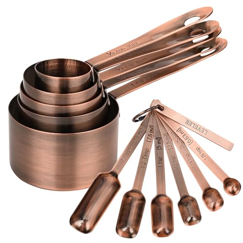 Copper Plate Measuring Cups and Spoons Set of 12, Copper Measuring Cups and Spoons Set with Leveler, Stainless Steel Measuring Spoons & Cups for Dry & Liquid Ingredients During Kitchen&Baking - color: B02: Copper-5Cups+6Spoons