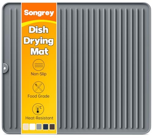 Songrey 18" x 16" Silicone Dish Drying Mat, Kitchen Counter Drying Pad for Sink Dishes or Under Rack, Multi-Use as Heat Resistant Trivet, Coffee Bar Mat - color: Dark Gray, size: 18" x 16"