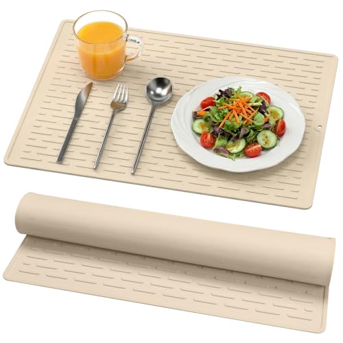 Dish Drying Mat Beige, 11.8x15.8 Inches Silicone Dish Mat Drying Kitchen Mat, Kitchen Drying Mat for Small Spaces, Non-Slip Fast Drain Drying Pad, Protects Surfaces Under Dishes and Glassware - size: 11.8" x 11.8"