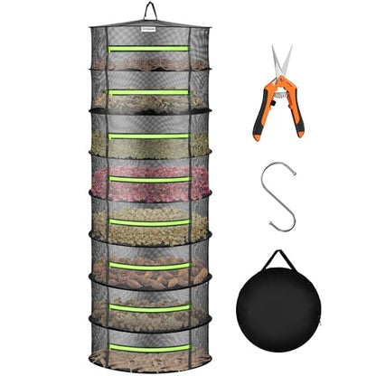 VIVOSUN 8-Layer Mesh Drying Rack Hanging Design with Green Zippers for Dehydrating, Indoor and Outdoor Pruning Shears Included - size: 8 Layer, style: 1 Pack