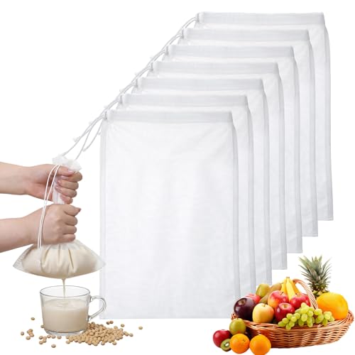 7 Pack Cheese Cloth Bags Reusable Nut Bag Strainer Fine Mesh Nut Milk Bags with Drawstring for Straining Fruit Juice Yogurt Tea Nuts Milk Coffee Cheese Kitchen Goodies (7.7×5.9 In)