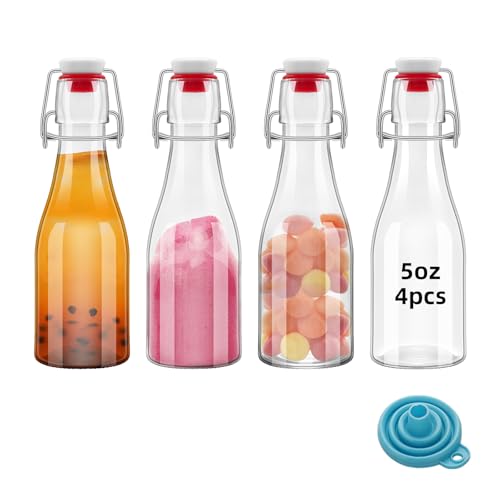 4Pcs 5oz Clear Beer Bottles Flip Top Round Glass Bottles with Leak Proof Easy Caps, 150ML Vinegar Kombucha Bottle for Wedding Themed Baby Shower Christmas Gifts (5oz - 4 Pack) - size: 5oz - 4 Pack