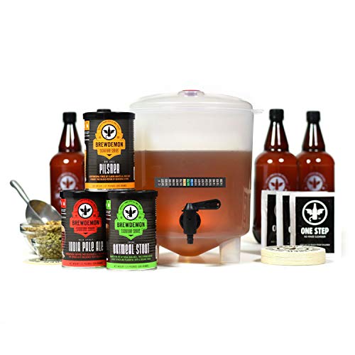 Premium Beer Kit Bonus with Bottles - Conical Fermenter Eliminates Sediment and Makes Great Tasting Home Made Beer - 1 Gal. Pilsner, Stout, and IPA Recipes