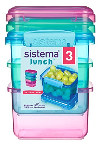 Sistema 3-Piece Food Storage Containers with Lids for Lunch, Meal Prep, and Leftovers, Dishwasher Safe, 1.6-Cup, Blue/Green/Pink - size: 12.8oz