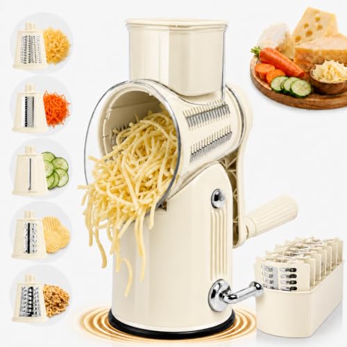 5 in 1 Cheese Grater with Rotary Hand Crank - Vegetable Chopper with Replaceable Stainless Blades, Strong Suction Base, Handle, Blade Storage Box, Easy-Clean Multipurpose Kitchen Slicer (White) - color: White