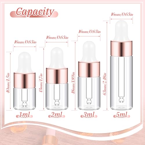 Didaey 100 Pcs 1/2/3/5/10/15 ml Mini Glass Oil Dropper Bottle Bulk, Clear Essential Small Empty Bottles Sample Containers Perfume Liquid Vials with Cap for Traveling (1ml,2ml,3ml,5ml,Rose Gold) - color: Rose Gold, size: 1ml, 2ml, 3ml, 5ml
