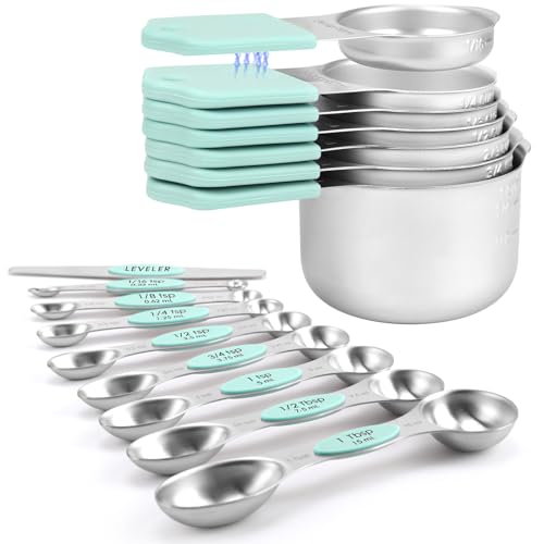 Magnetic Measuring Cups and Spoons Set-Heavy Duty 304 Stainless Steel，Double Measurement Markings，Set of 16 with Leveler for Measure Dry and Liquid Ingredients (Mint) - color: Mint