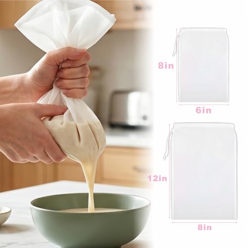 Nut Milk Bags 10 Pack, 2 Sizes Reusable Cheesecloth Strainer Bags, 5 Large 12 x 8 Inch + 5 Small 8 x 6 Inch, 200 Mesh Food Straining Bags for Yogurt, Juice, Coffee, Tea and Tofu