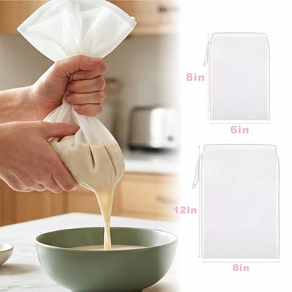 Nut Milk Bags 10 Pack, 2 Sizes Reusable Cheesecloth Strainer Bags, 5 Large 12 x 8 Inch + 5 Small 8 x 6 Inch, 200 Mesh Food Straining Bags for Yogurt, Juice, Coffee, Tea and Tofu