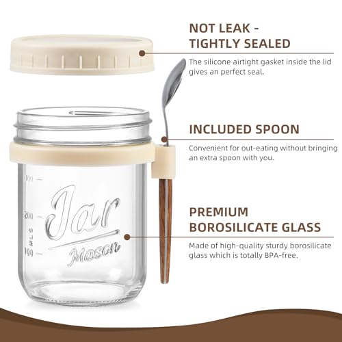 LANDNEOO 4 Pack Overnight Oats Containers with Lids and Spoons, 16 oz Glass Mason Jars with Airtight Lids, Overnight Oats Jars for Milk, Cereal, Fruit-Beige - color: Beige