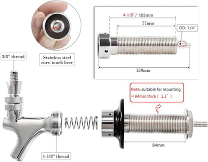 4-1/8'' Draft Beer Faucet Shank, 1/4'' Beer Line Barb No Leak No Drip No Stick Stainless Core Kegerator Brew Tap Beer Shank Dispenser Self-Closing Spring Tap Brush Spanner Wrench Hose Clamp - size: 4-1/8"