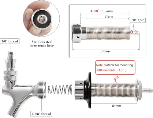 4-1/8'' Draft Beer Faucet Shank, 1/4'' Beer Line Barb No Leak No Drip No Stick Stainless Core Kegerator Brew Tap Beer Shank Dispenser Self-Closing Spring Tap Brush Spanner Wrench Hose Clamp - size: 4-1/8"