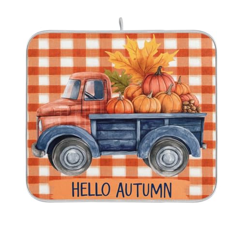 Autumn Truck Pumpkins Maple Leaves Dish Drying Mat for Kitchen Counter Microfiber Absorbent Dish Drainer Rack Mat Small Kitchen Drying Mat Heat Resistant Drying Pad for Counter 18x16 - color: Fall Truck Pumpkins Maple Leaves, size: 16x18in