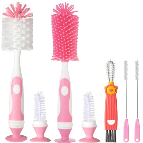 Ariseno 5-in-1 Baby Bottle Brush Set, Including Nylon and Silicone Bottle Brush, Cap, Straw, Nipple Brushes, BPA-Free (Pink) - color: Pink-nylon Silicone