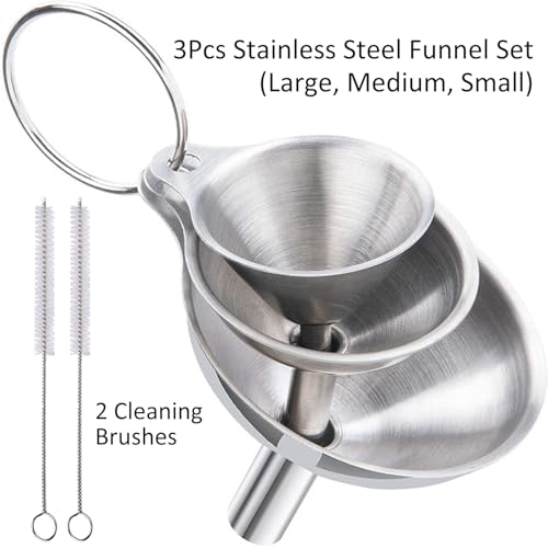 3-Piece Stainless Steel Funnel Set (Large, Medium, Small) with 2 Cleaning Brushes - Kitchen Liquid Transfer Tools for Oil, Sauce, Bottling