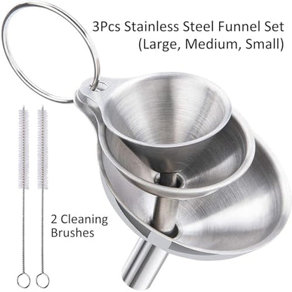 3-Piece Stainless Steel Funnel Set (Large, Medium, Small) with 2 Cleaning Brushes - Kitchen Liquid Transfer Tools for Oil, Sauce, Bottling