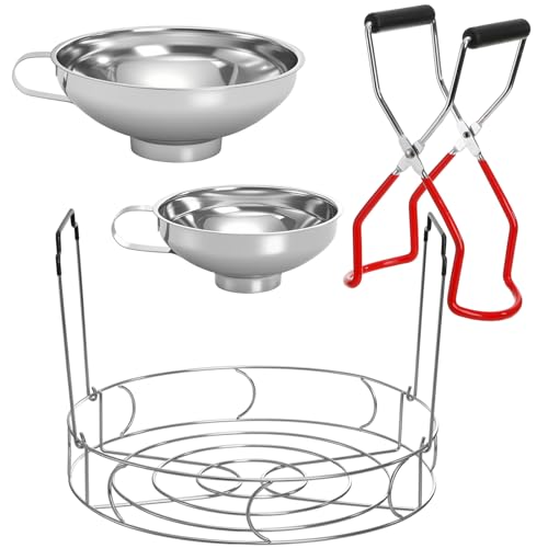 Cedilis 4 Pieces Canning Kit, 1PC Canning Rack+ 1PC Jar Lifter Tong+ 2PC Funnels, Stainless Steel Canning Supplies for Mason Jars
