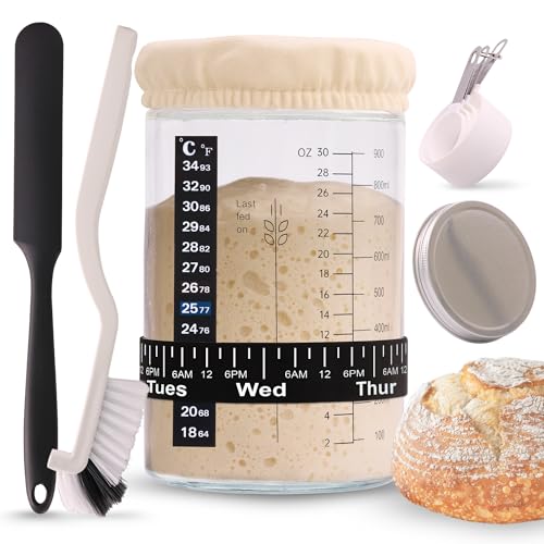 Sourdough Starter Jar Kit 34oz - Wide Mouth Glass Jar with Thermometer Strip, Feeding Day Tracker, Silicone Spatula, Cloth Cover, Measuring Cups & Metal Lid for Homemade Artisan Sourdough Bread Baking