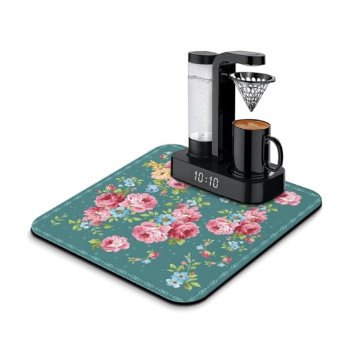 Washable Non-Slip Pioneer Flower Dish Drying Mats,Super Absorbent Quick Drying Mat For Kitchen Counter Home Large Coffee Bar Pad Accessories And Decor 16''x18'' (Dark Green Pink Flower, 16*18) - color: Dark Green Pink Flower, size: 16*18
