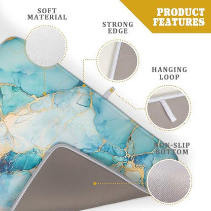 Marble Print Dish Drying Mat for Kitchen Counter,Blue Teal Turquoise Gold Drying Mat 18 x 24 Inch with Absorbent Reversible Microfiber Drying Pad for Coffee Bar - size: 18" x 24"