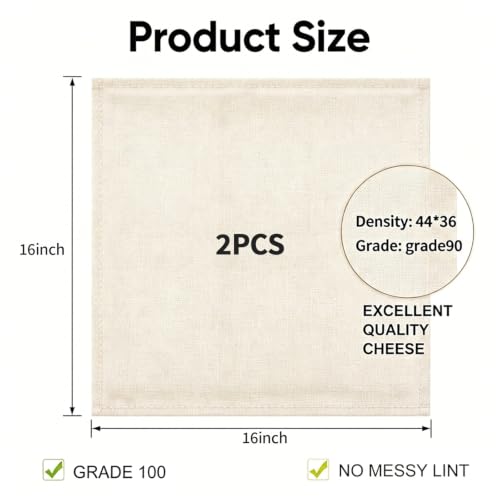 2Pcs Reusable Cheesecloth,Grade 100,16x16 Inch Hemmed Cheese Cloth for Straining Craft,100% Cotton Unbleached Cloth Strainer for Cooking,Baking,Juicing,Cheese Making,Ultra Fine and Dense,Washable - size: 16*16 inch*2 PCS
