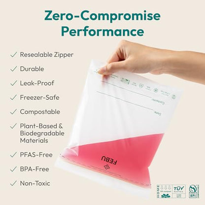 FEBU Compostable Food Storage Bags Variety Pack, 260 Count | Compostable & Biodegradable | PFAS & BPA Free | Drawer Organizer Box | 90 Snack, 90 Sandwich, 50 Quart, 30 Gallon - size: Variety Pack