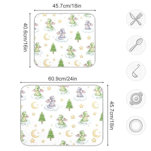 Cartoon Dragons Tree Star Dish Drying Mat for Kitchen Counter Super Absorbent Draining Mat with Non-slip Backed Sink Tray Mat for Sinks Countertops Draining Racks Dish Bottles Cups Bowl